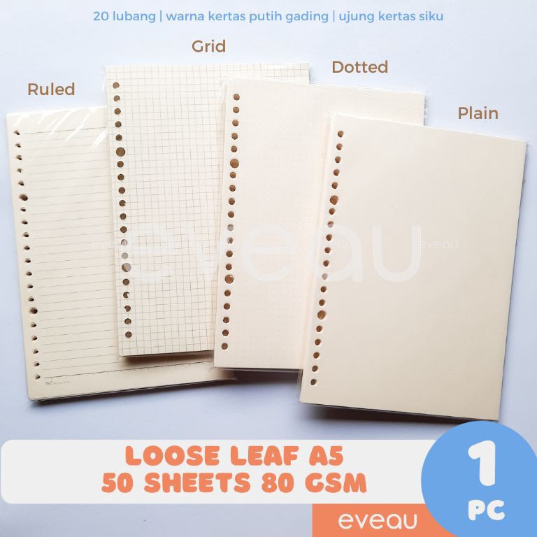 HG61 Loose Leaf A5 50 lembar 80 gsm Kertas Isi Binder Warna Putih Gading | Motif Plain Grid Ruled Do