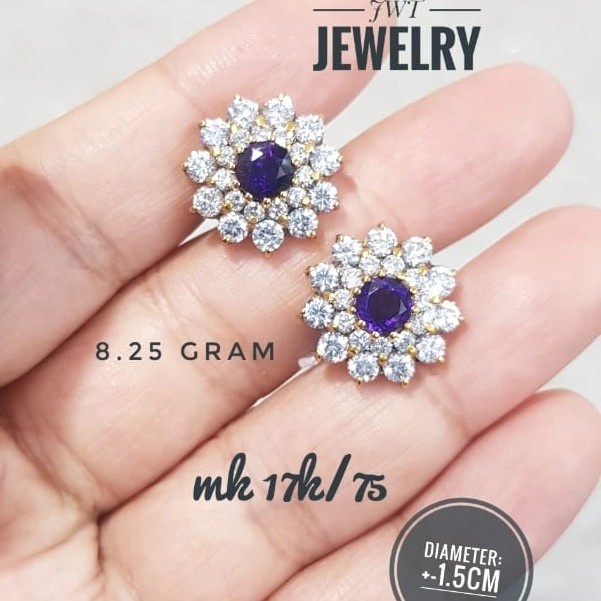 ✨Termurah Anting Giwang Emas Tusuk Lady Diana Amethyst Kecubung Terbaru