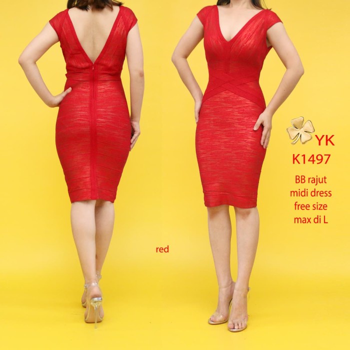 [Ori] Ykdress 1497 Bb Bbdress Midi Dress Bebe Rajut Bodycon V Neck Buntung R Diskon