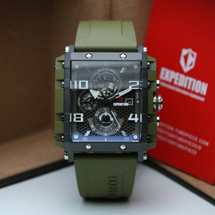 ✅Original Jam Tangan Pria Original Expedition E6757 Rubber Black Green Garansi Limited
