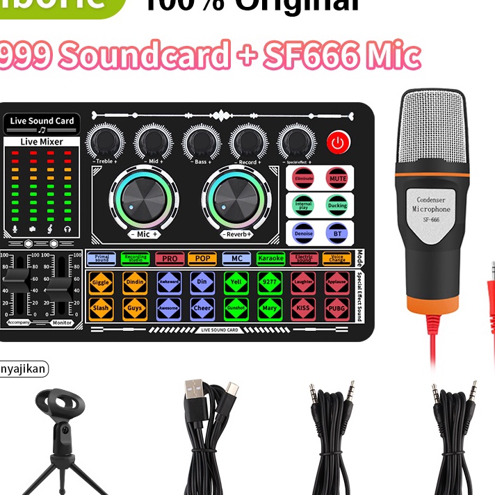 Ready Siborie F999 soundcard+SF666 mic paket lengkap Full SET 100% Original Mendukung COD