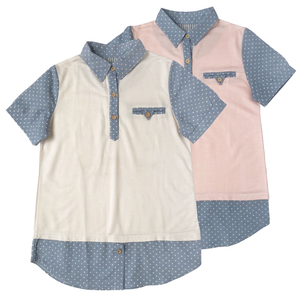 BLUS KAOS PINK PUTIH GADING FAUX KEMEJA LINEN POLKA DOT IMPORT