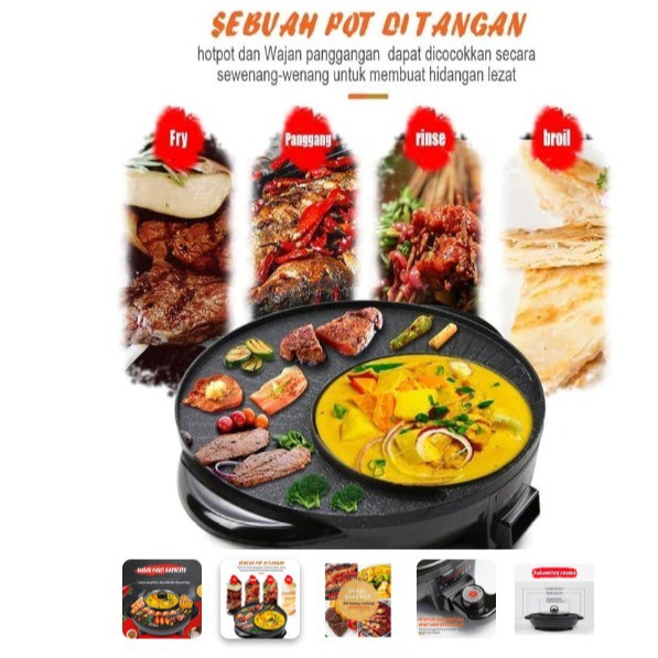 Alat Panggang Daging Elektrik 2 In 1 & Hotpot Steamboat Bbq Grill Pan