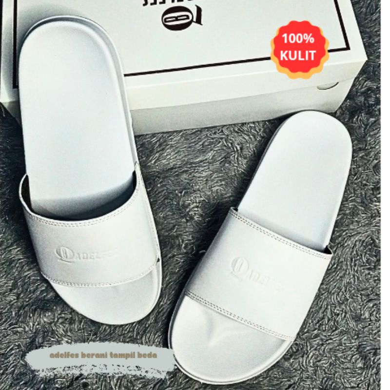 sandal slip-on putih polos kulit 100%asli/sandal slip-on pria dewasa/sandal slide/adelfes/sandal ana
