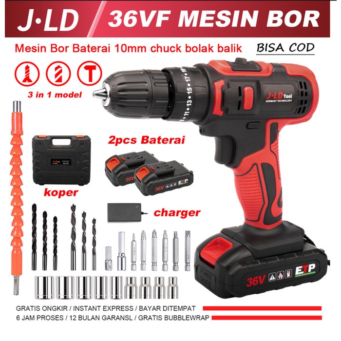 Promo Jld 36Vf Mesin Bor Baterai Bor Listrik Baterai Cas 2 Baterai Set 36V-2