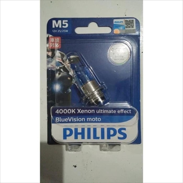 Bohlam Lampu Depan Motor M5 Blue Vision 5000K 12V 25/25W Philips terbaik