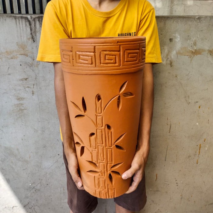 Promo Pot Gerabah Tirus Motif, Pot Tinggi Ukir, Pot Dekorasi, Vas Bunga