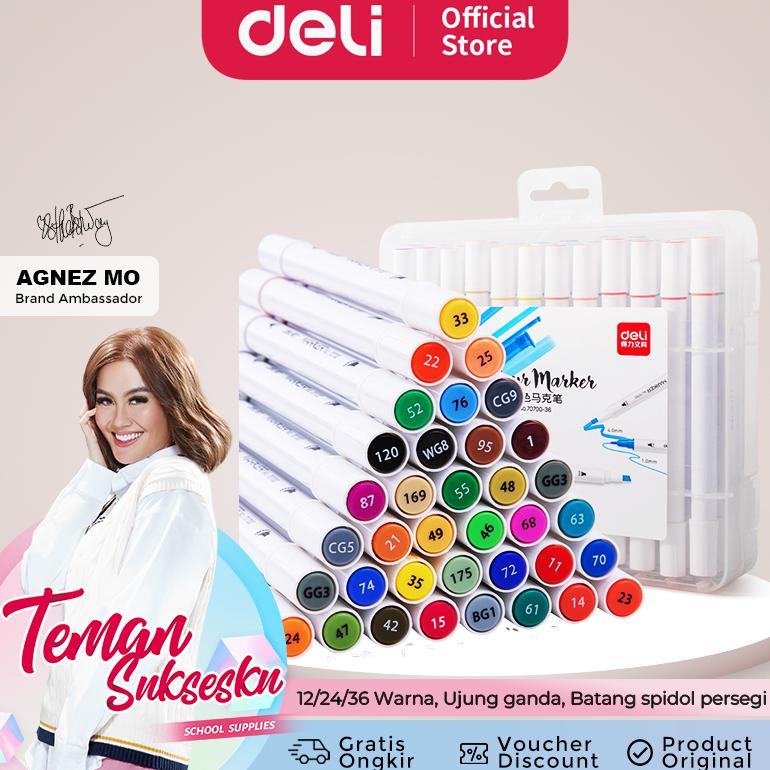 

Deli spidol desain profesional 12/24/36 warna ujung ganda 70700
