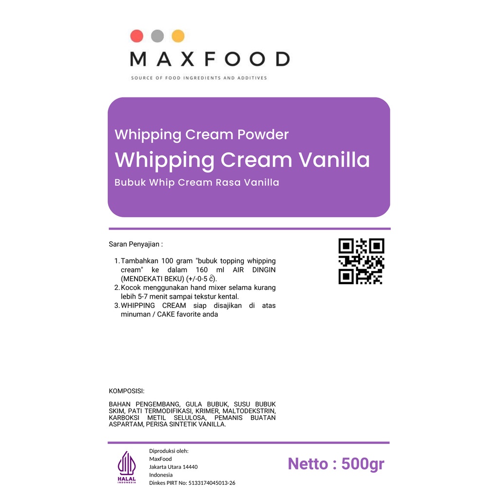 

Whipping Cream Vanilla / Bubuk Whip Cream Rasa Vanilla 500 Gr