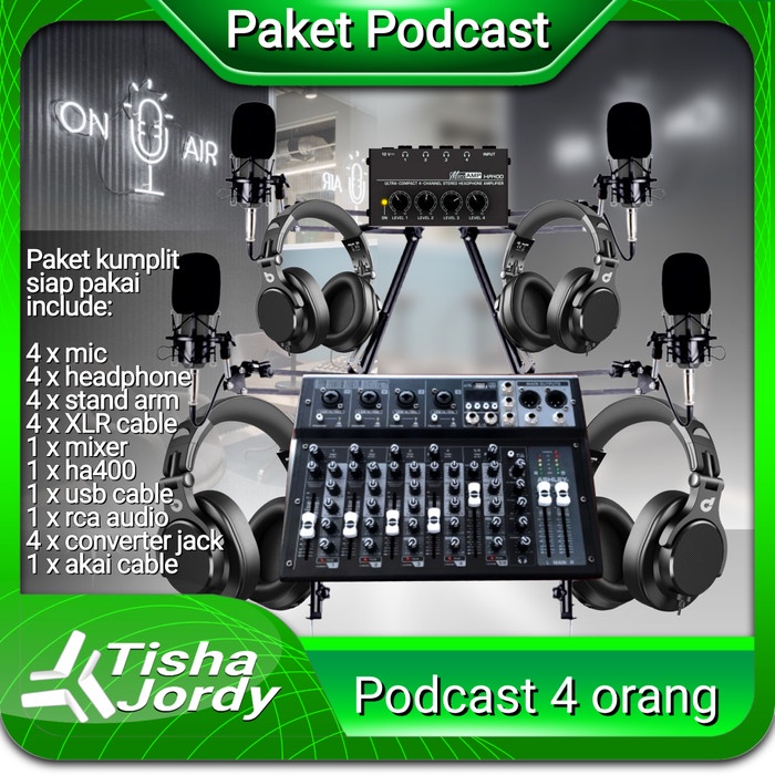 paket podcast 4 orang 4 mic, stand, soundcard mixer
