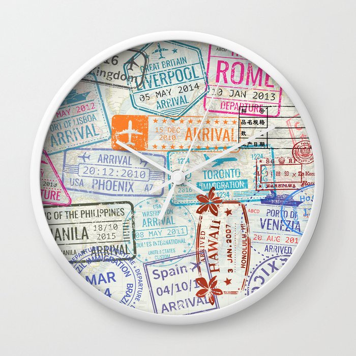 Peta Dunia Vintage dengan Jam Dinding Stempel Paspor