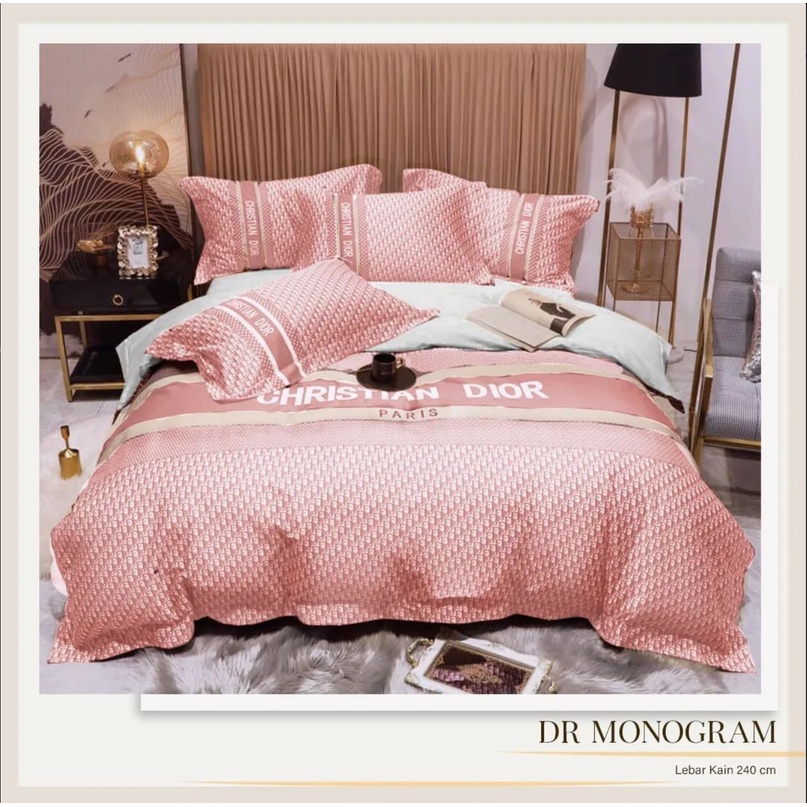 Kain Sprei Meteran Motif Christian Dior Monogram Pink Katun Lokal