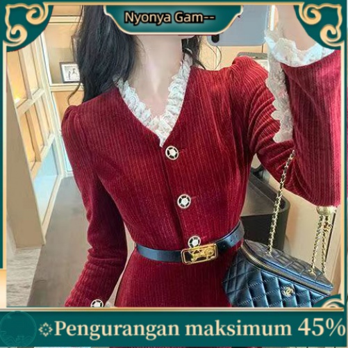 Korduroi Gaun Wanita Musim Gugur dan Musim Dingin Baru Perancis Retro Renda Jahitan Putri Lengan Tem