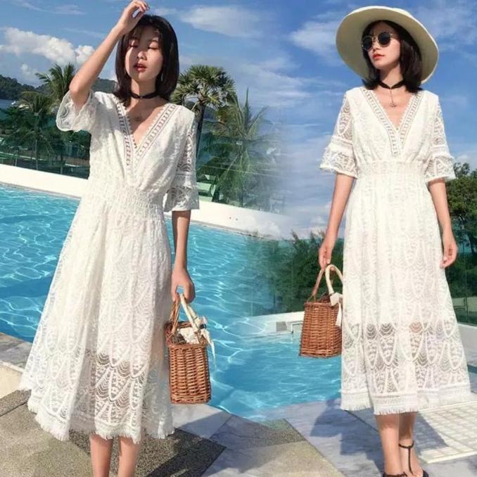 White Bohemian Dress Wanita Import Premium Beachwear Summer Dress Boho Berkualitas