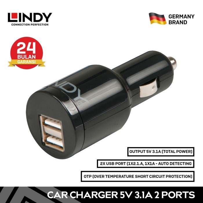[Original] 2 Port Usb 2.0 Car Charger Lindy 5V 3.1 A With Protection Bisa Sameday