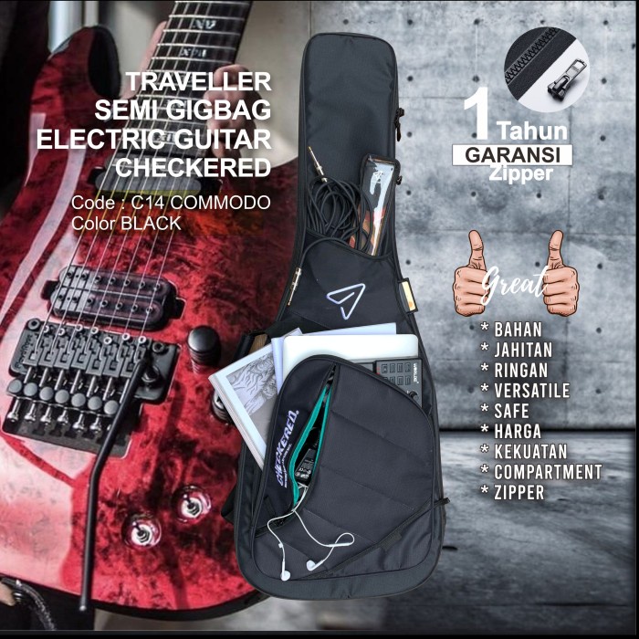 Promo Softcase Tas Gitar Elektrik Black Semi Gigbag Tebal Checkered