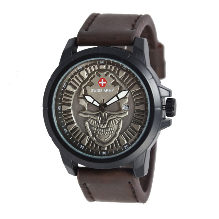 ✅Ori Jam Tangan Pria Kulit Swiss Army Skull Watch Dark Brown Jam Fashion Sa Bisa Gojek