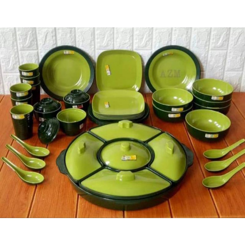 Melamin set 36pcs partyset golden dragon warna hijau lumut