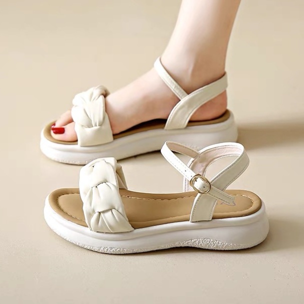 [MODEL TERKINI] QNS Sepatu Sandal Wanita Kekinian Cream&Putih Sandal wanita Korea Sytle Import