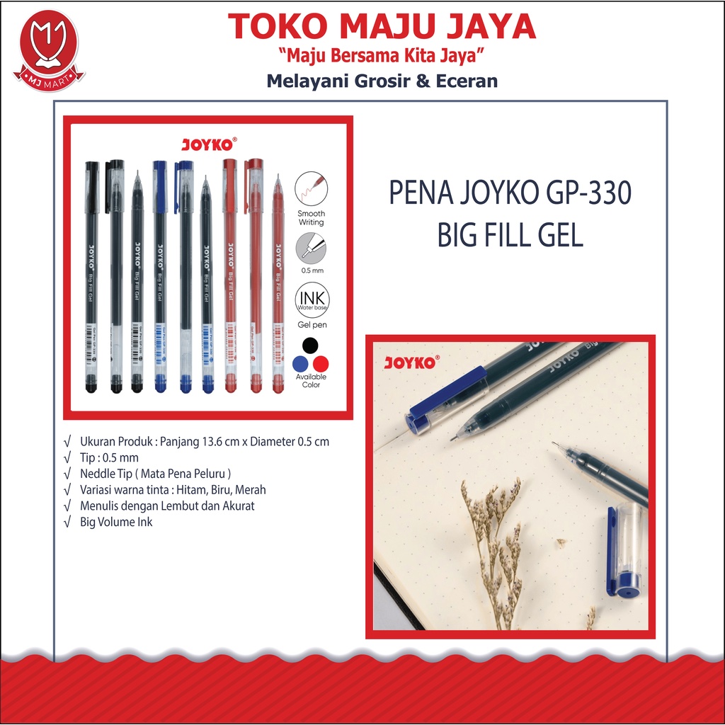 

PENA JOYKO GP-330 HITAM/BIRU/MERAH BIG FILL GEL (12 pcs)