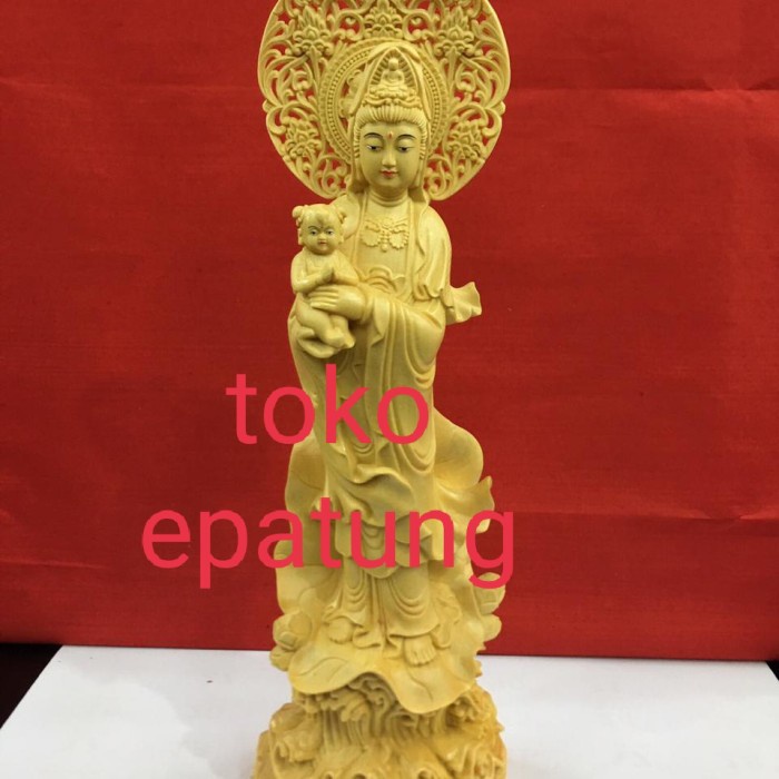 [Original] Patung Dewi Kwan Im / Kwan In / Guan Yin Gendong Anak - 34 Cm - Kayu Limited