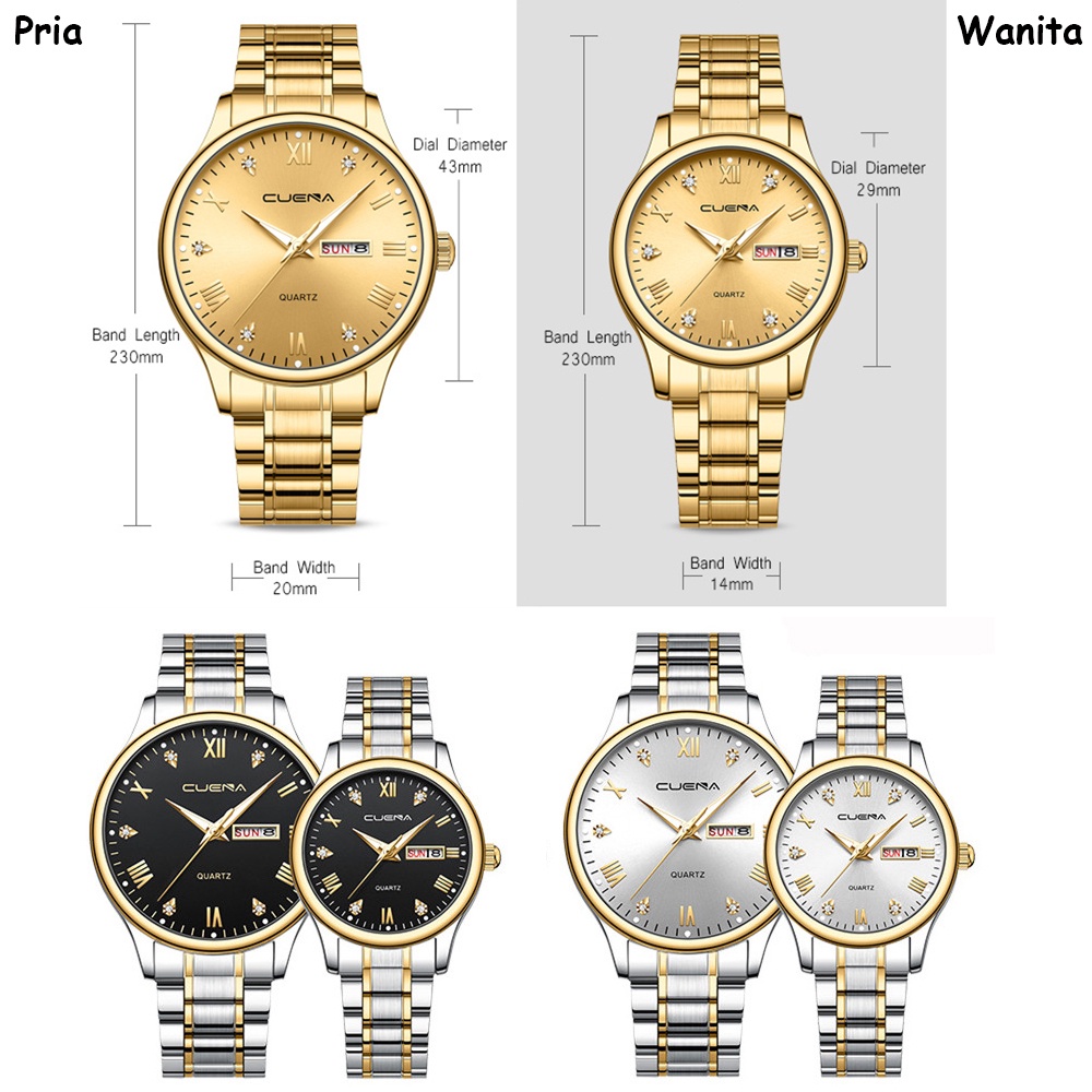 Cuena Jam Tangan Couple Pasangan Anti Air Kalender Bercahaya Stainless Steel Analog Jam Untuk Pria