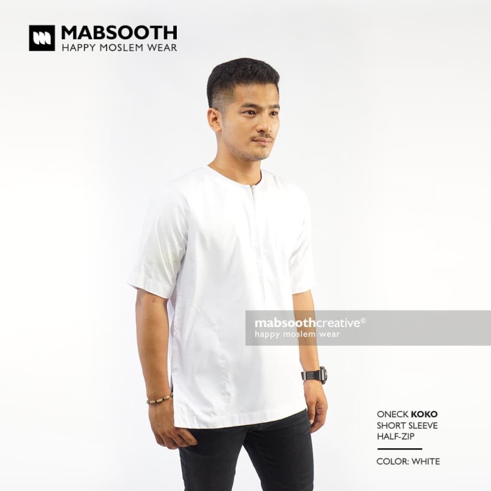 Baju Koko Mabsooth Oneck Lengan Pendek Tipe Resleting Polos - Putih