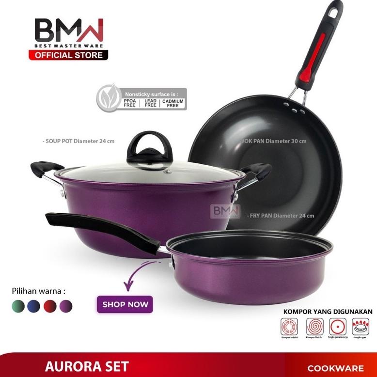 Ready Panci Wajan Teflon Set Isi 3Pcs / Panci Set Aurora Bmw / Panci Penggorengan Wook Pan Murah