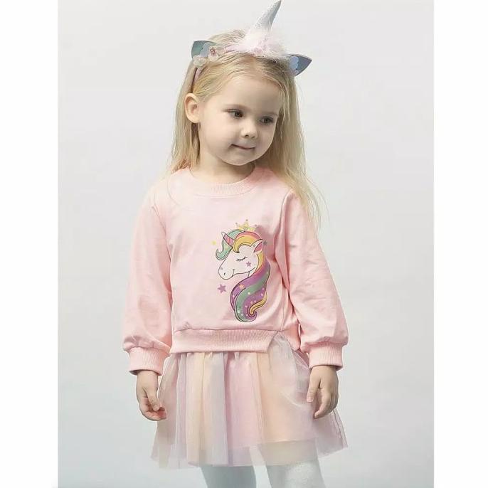 SWEATER UNICORN ANAK SWITER DRESS UNICORN TUTU LILAC DAN PINK IMPORT