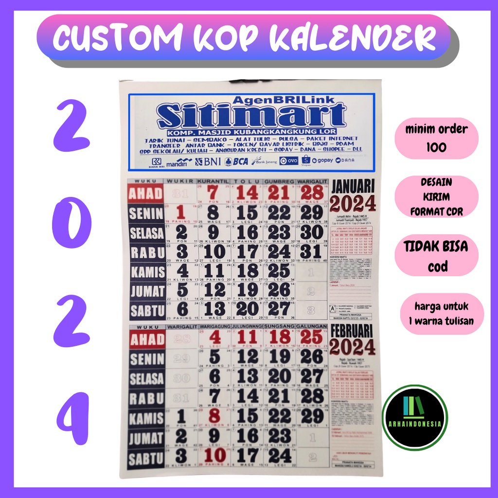

Kalender Cetak/Custom KOP saja 1 warna (isi 6 lembar) MINIM ORDER 50