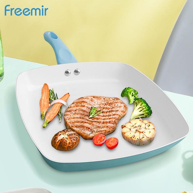 Murah freemir 24 cm Grill Pan Anti Lengket Fry Pan Non Stick Wajan Panggang Kotak Biru Putih Sale