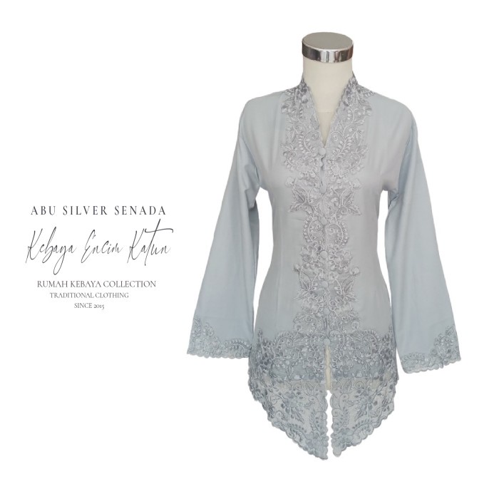 KEBAYA ENCIM KARTINI KATUN BORDIR MODERN ABU SILVER LENGAN PANJANG