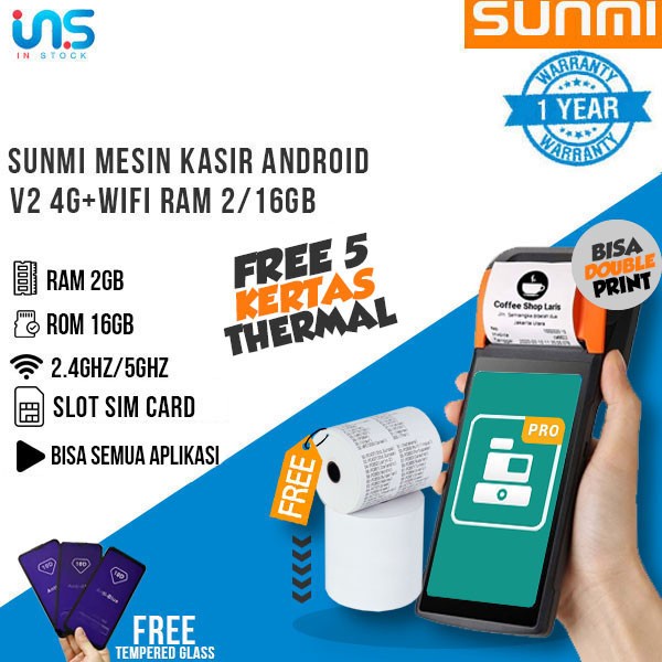 Katlen Mesin Kasir Android Sunmi V2 4G+Wifi 2/16Gb Original
