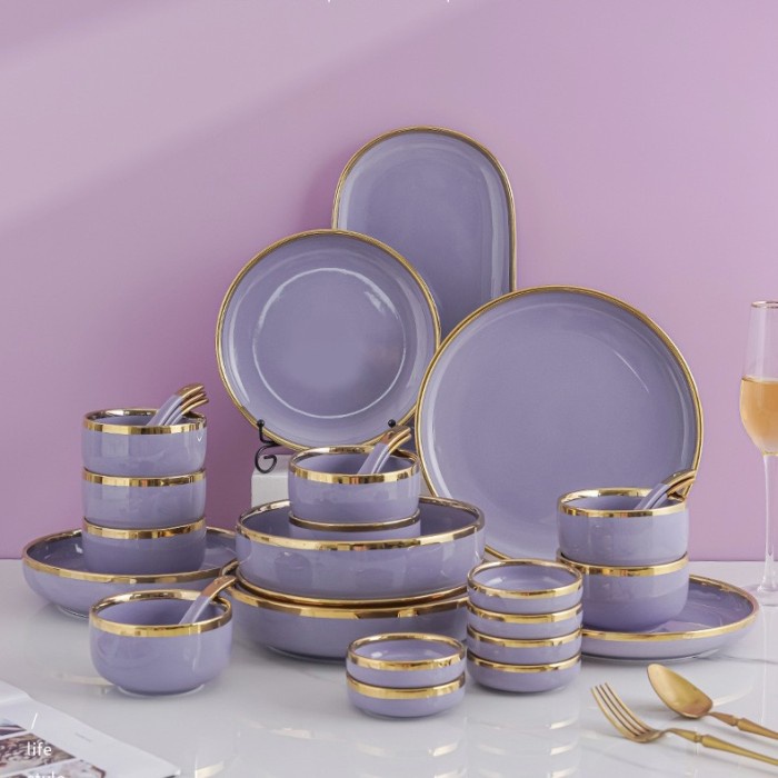 Promo Lilac Gold Plate Set / Paket Piring Keramik Cantik Ungu Purple Emas