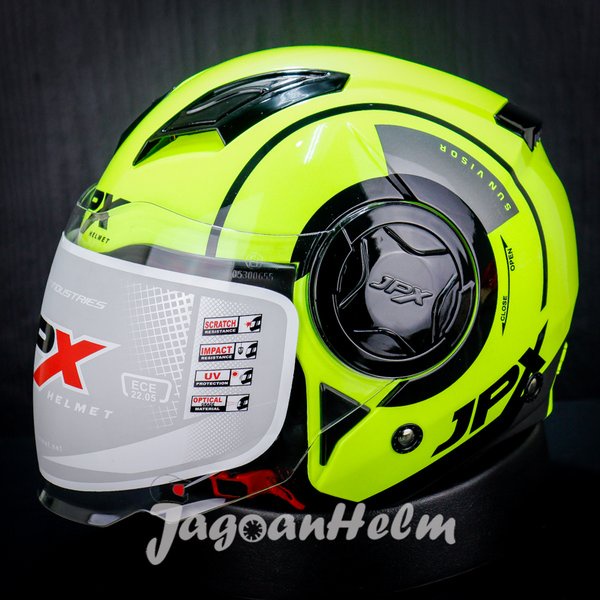 Jpx Helm Jet X729 - Yellow Fluo Dark Grey- Jet X-729 Double Visor