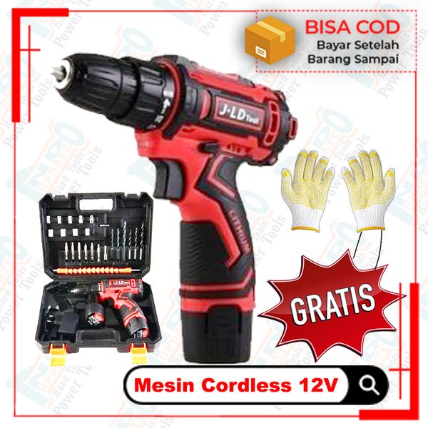 Mesin Bor Baterai Cordless Drill Bor Tangan Baterai 12V JLD Merah