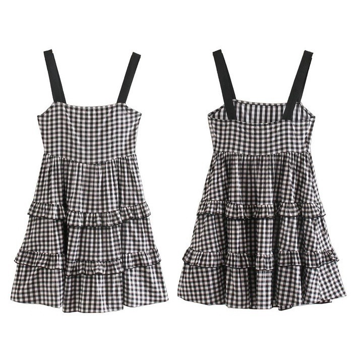 Ab656205 Casual Layer Mini Dress Kotak Hitam Putih Wanita Korea Import Terlaris