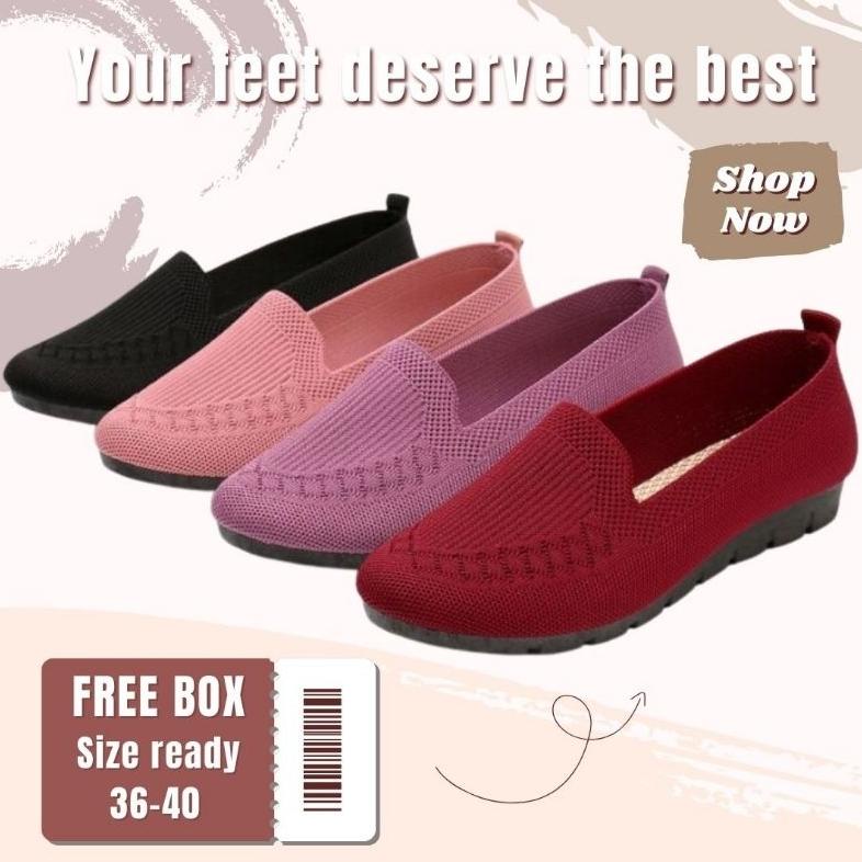Murah "Free Box" Lv0248 Flat Shoes Rajut Wanita Sepatu Rajut Wanita  Sol Hitam Karet Sale