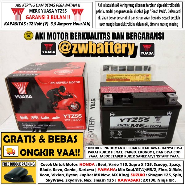 Aki motor New Jupiter MX - Mio J - Vixion - Fino YUASA YTZ5S Aki Kering