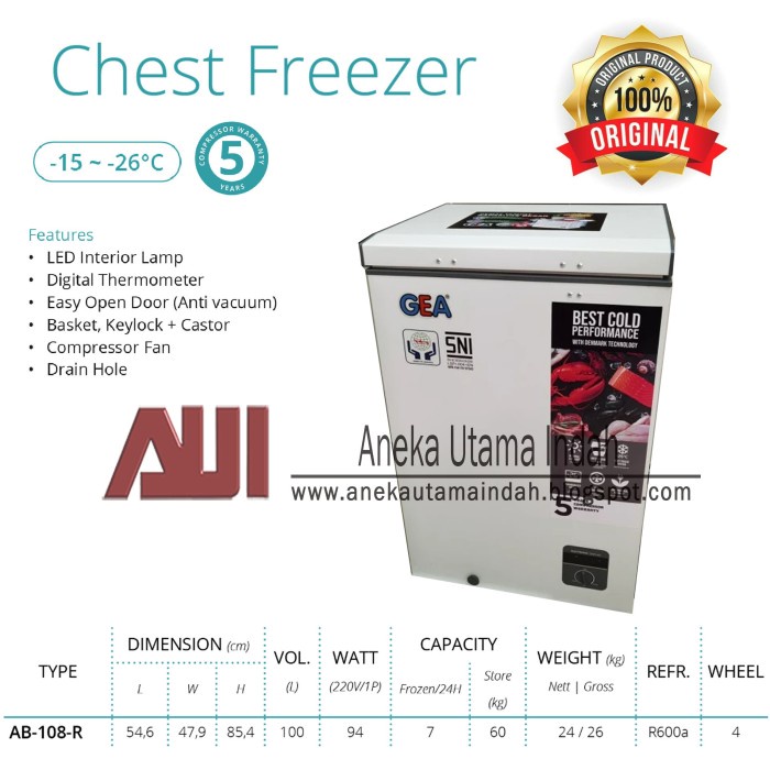 Gea Ab-106-R Chest Freezer / Box Lemari Pendingin / Freezer Box - Puti