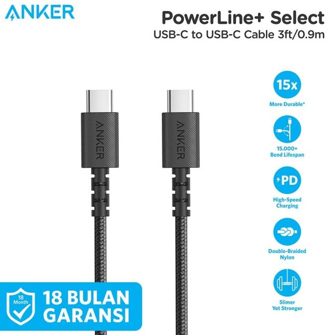 SALE Kabel Charger Anker Powerline Select+ C to C 2.0 3ft - A8032 Termurah