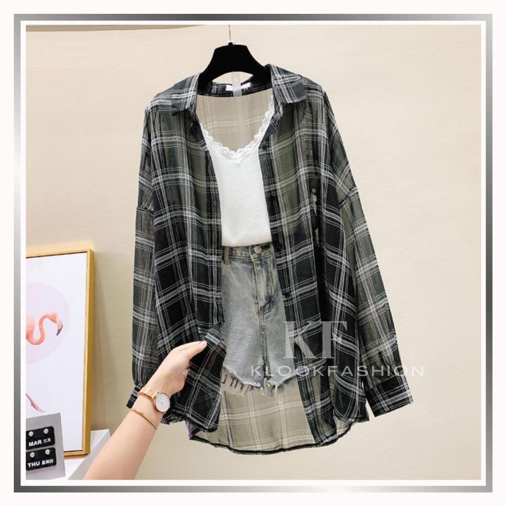 [PF] Kemeja Kotak Hitam Pink Guilen Oversize shirt Kemeja Kotak-Kotak Transparan Hitam Merah Muda