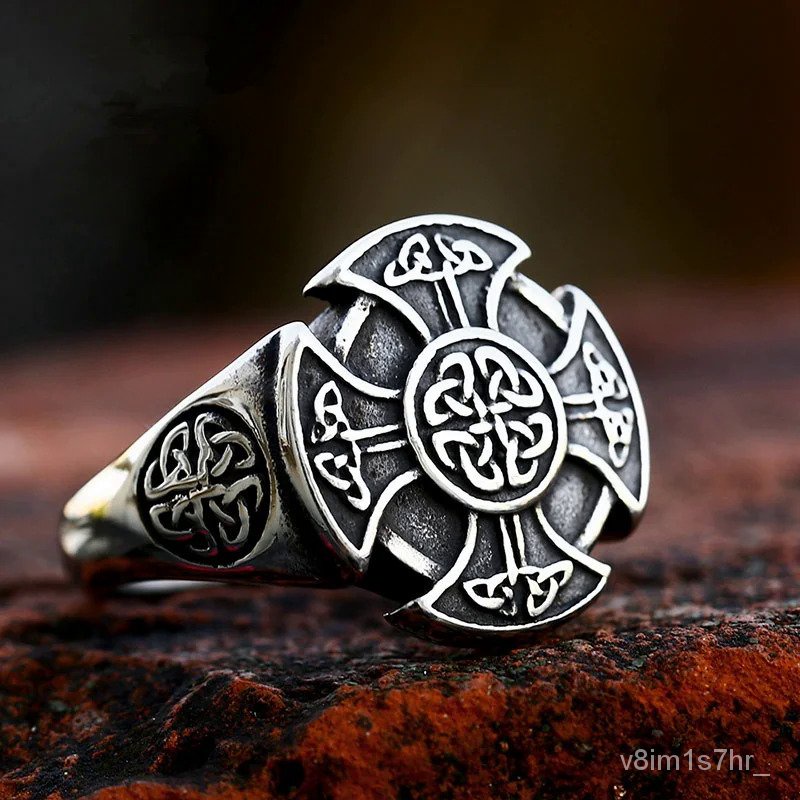 Cincin Salib Simpul Celtic Viking Nordic Antik untuk Pria Hadiah Perhiasan Jimat Mitologi Nordic Pun