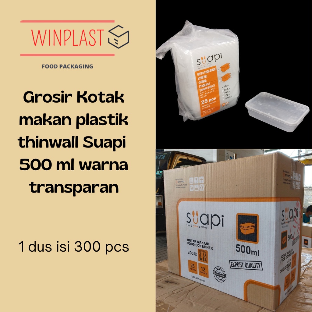 Grosir kotak makan plastik / thinwall Suapi PP 500 ml warna transparan 1 dus isi 300 pcs