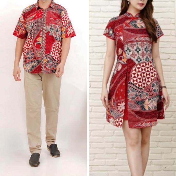 Couple Cheongsam Dress Gold List Wanita + Kemeja Pria Lin