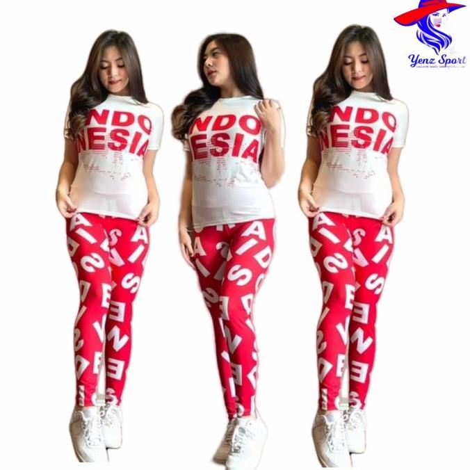 SETELAN BAJU SENAM AEROBIC SET MERAH PUTIH PRINTING BAJU ZUMBA YOGA