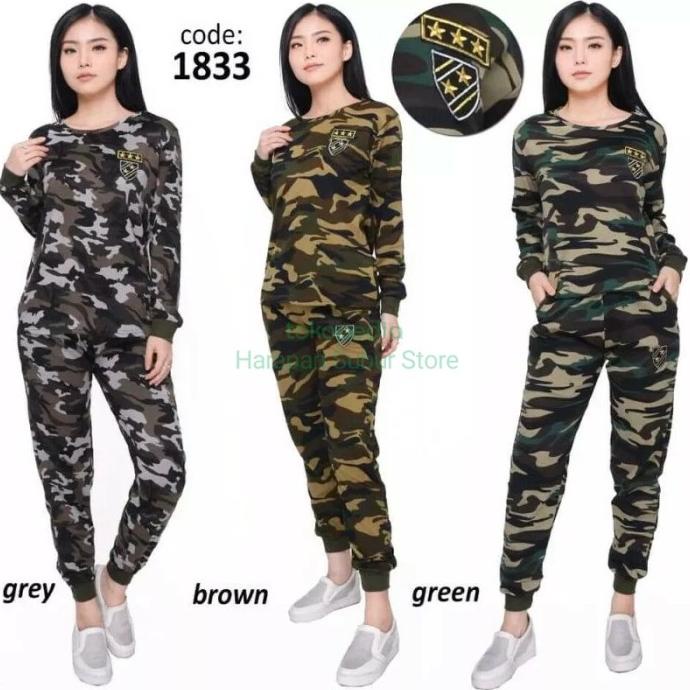 Setelan Baju Lengan Panjang Olahraga senam Loreng Army Wanita