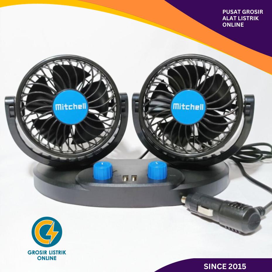 Kualitas No 1 KIPAS ANGIN MOBIL MITCHELL DOUBLE FAN 12V 24V DOUBLE HEADED USB CHARGER 12VOLT 24VOLT 