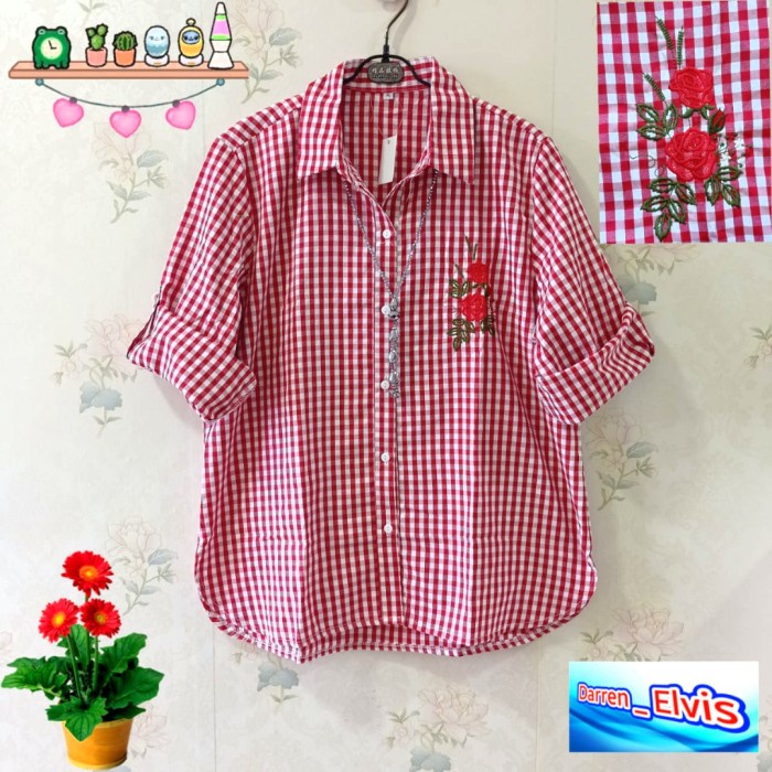 Kemeja Wanita Import / Kotak Merah / Bordir Bunga Mw001