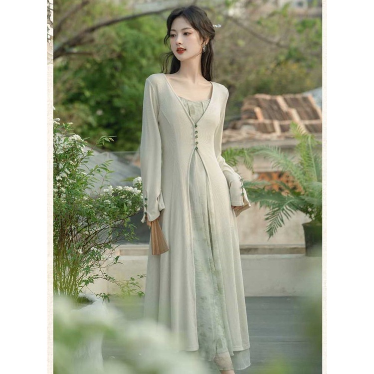 Antique Women's Clothing Green Suspenders Dress Fairy Mori Style Skirt Outer Suit Skirt